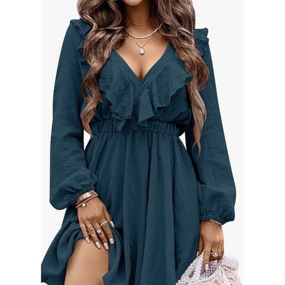 Clarisbelle Mini Dress Womens XL Blue New Ruffle V-Neck Long Sleeve Babydoll